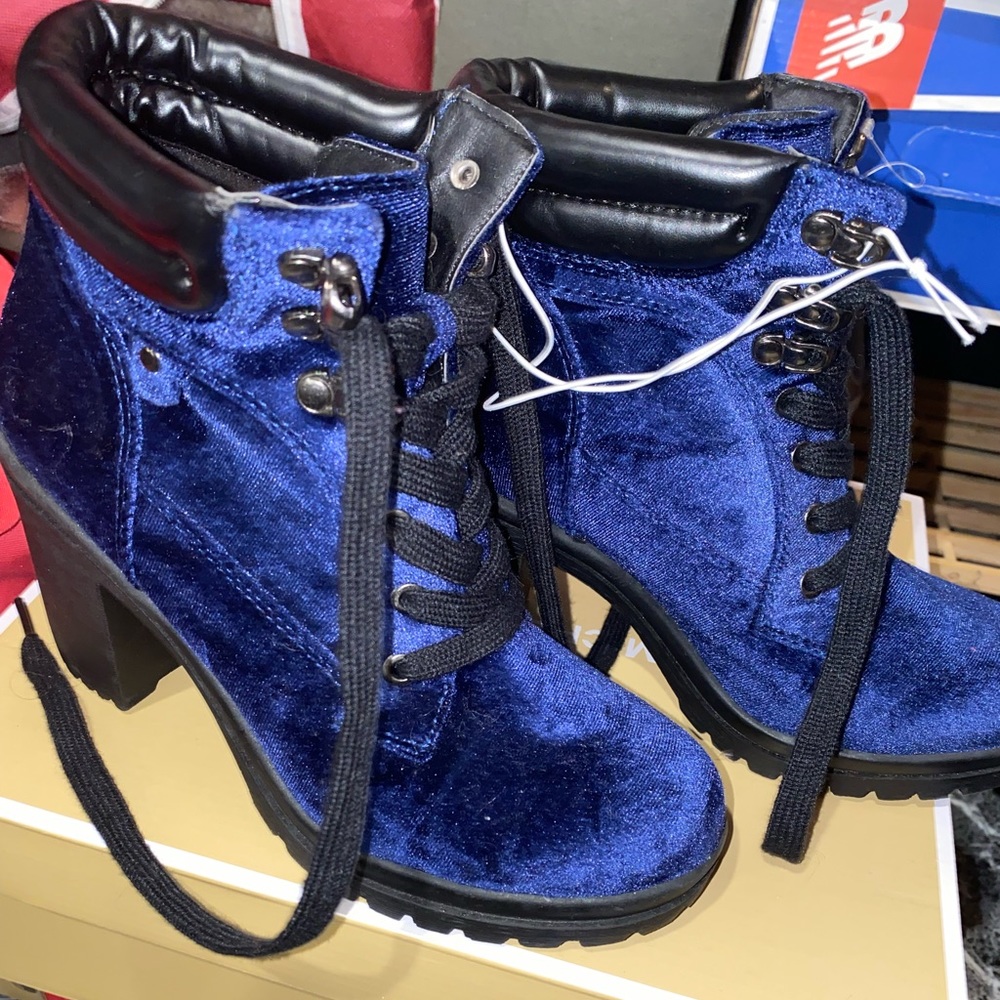 Brand New Blue Suede booties with heel. Size 7